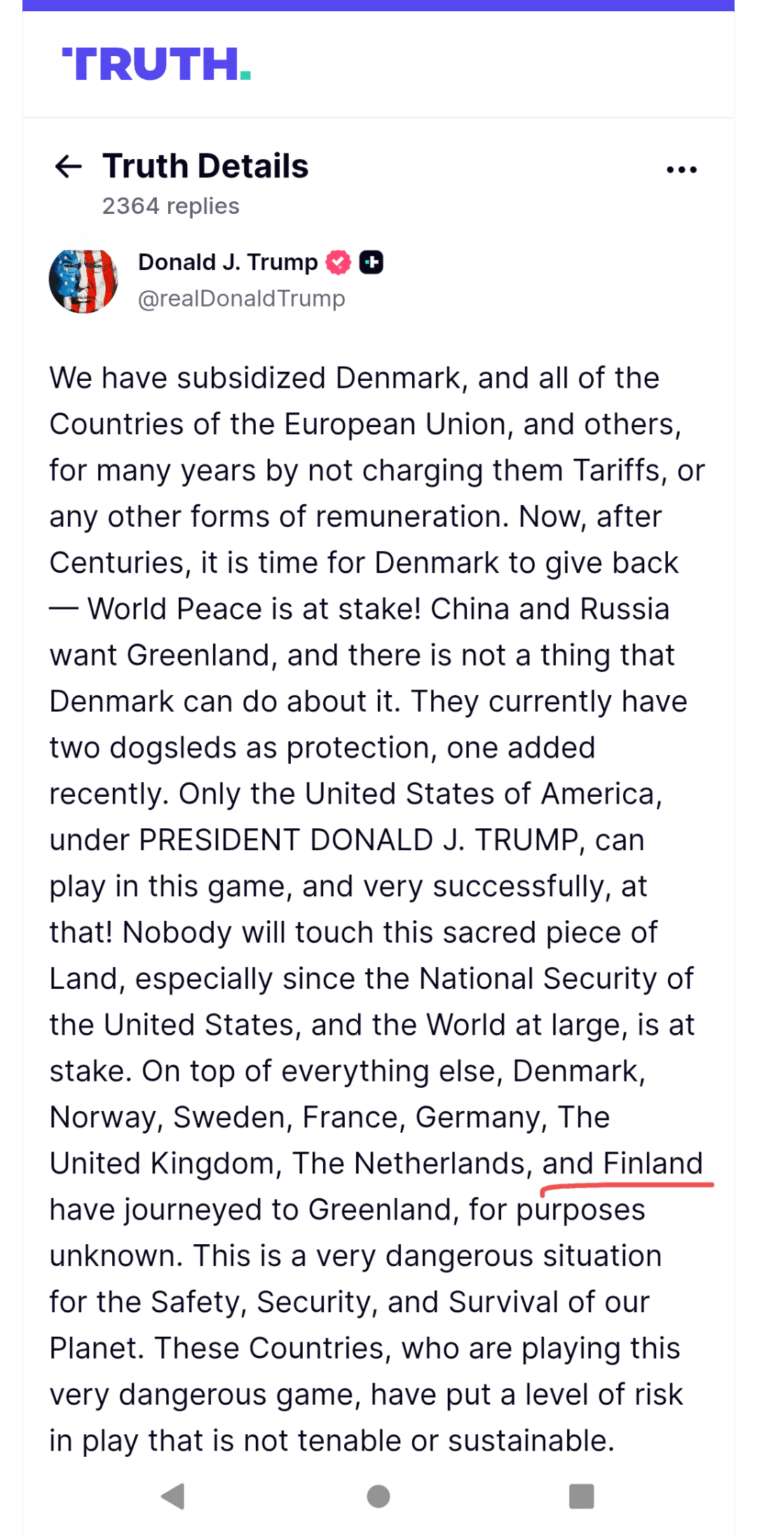 再びアクションのいじめっ子。トランプ大統領はフィンランドにあらゆるものに10％の関税を課したところ、今後25％に引き上げられる予定だという。いつものように、かなりばかげた投稿で発表されました。