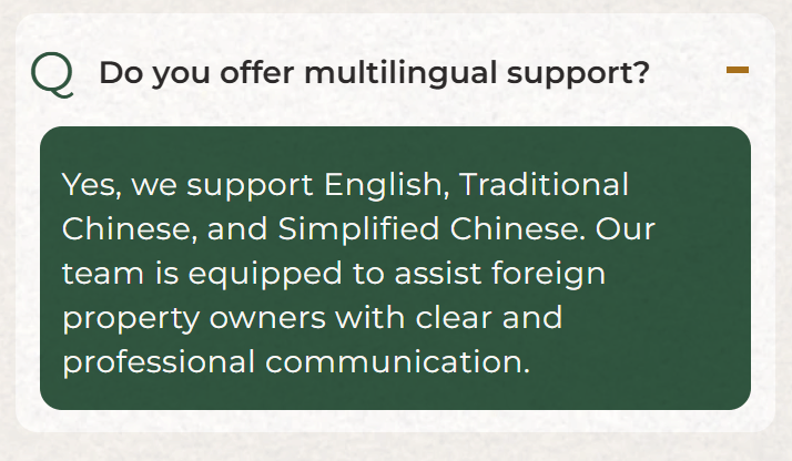 英語・中国語（繁体字・簡体字）が可能なスタッフが直接サポートいたします。