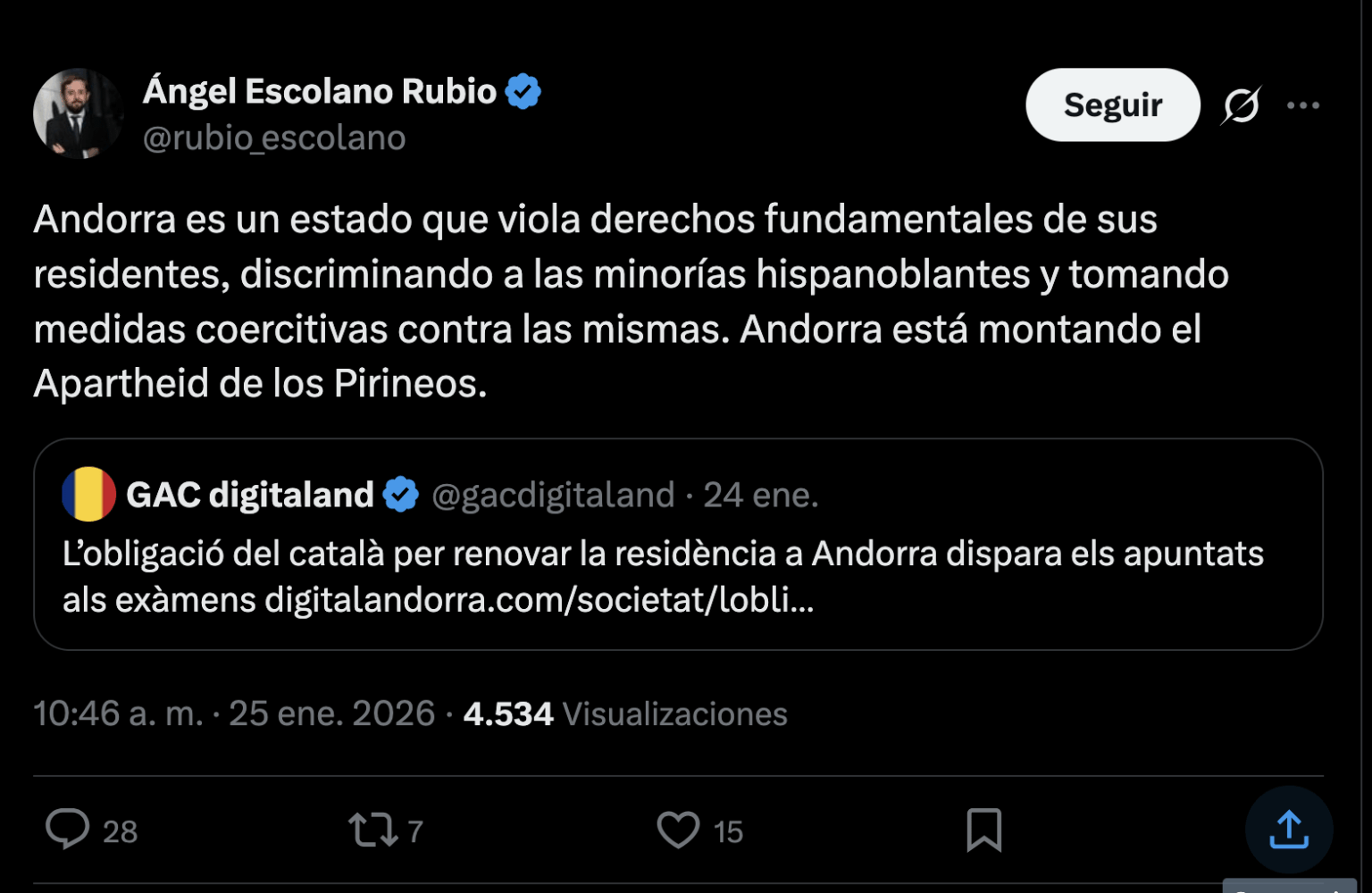 「アンドラはスペイン語話者にとってアパルトヘイトだ」