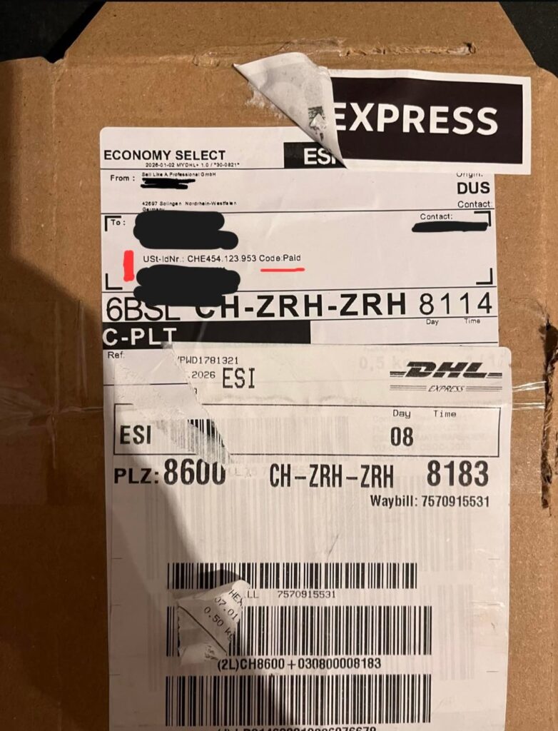 スイス国外から注文する場合、常に VAT と DHL が発生します