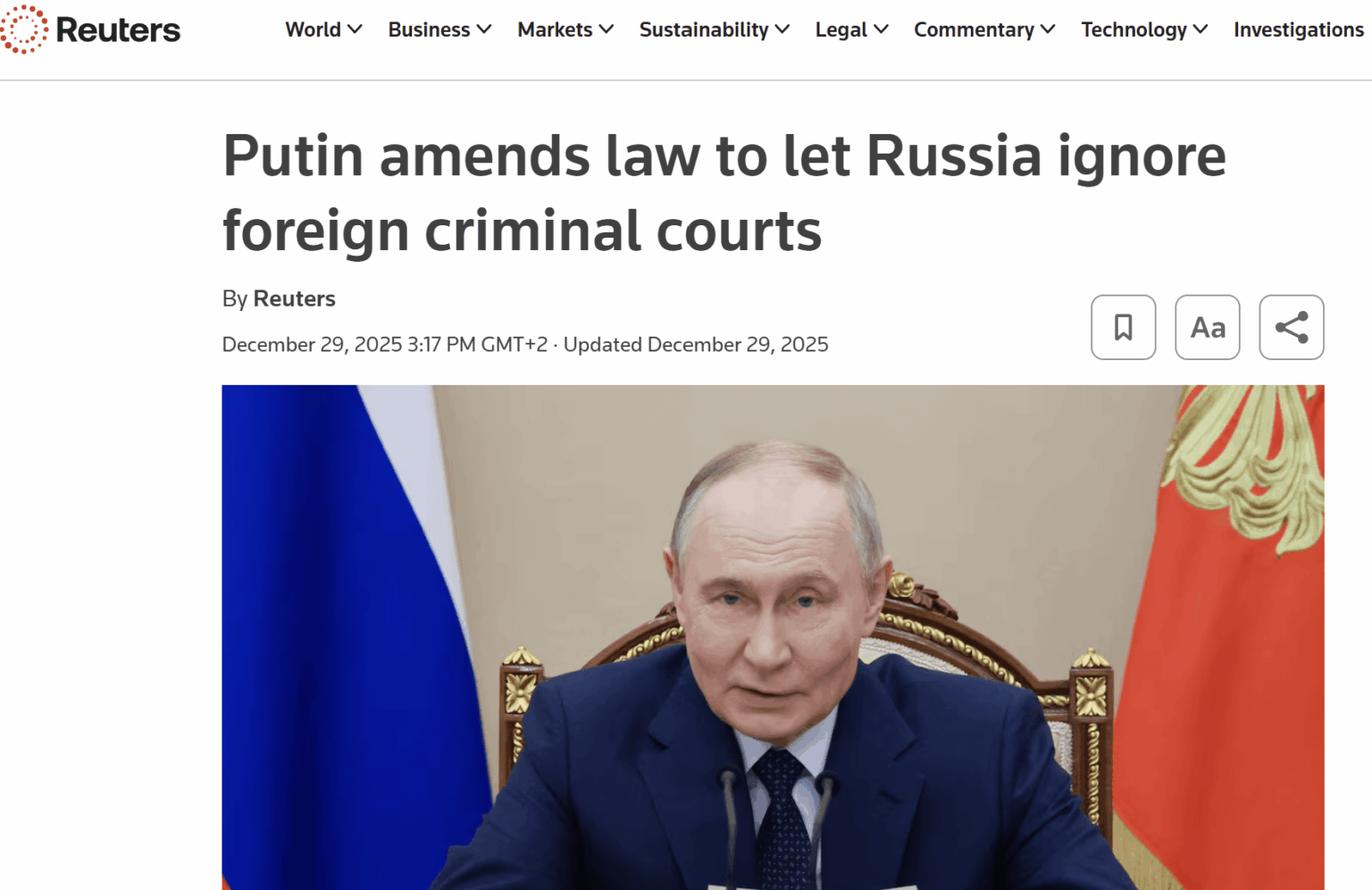 ウラジーミル・プーチン大統領は、ロシアが外国および国際裁判所の刑事判決を正式に無視することを認める法律に署名した。この法改正は、ウクライナで犯された文書化された戦争犯罪に関する国際司法を妨害する国内の「法的盾」を創設する。