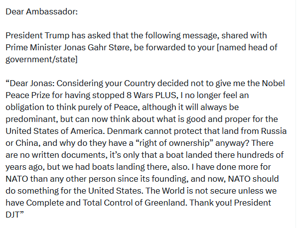 トランプ大統領からノルウェー首相への書簡