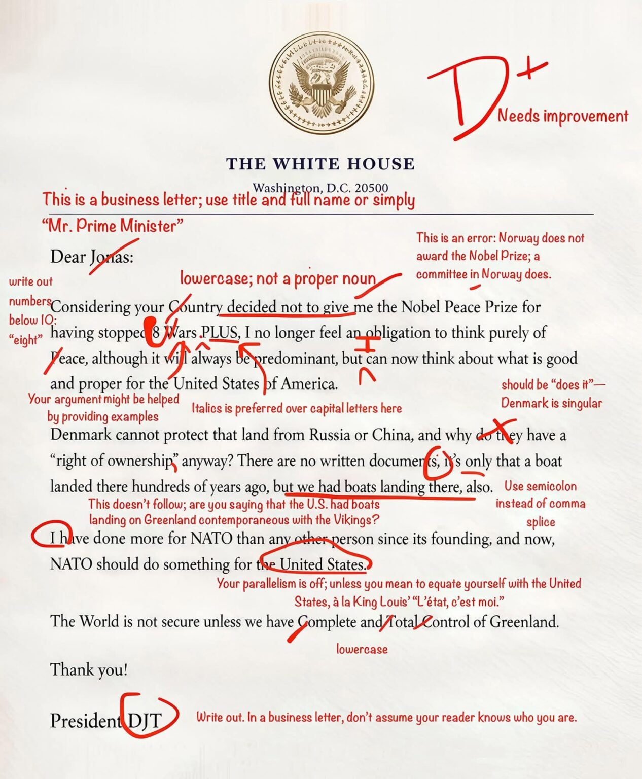 ノルウェー首相がトランプ大統領の書簡に署名