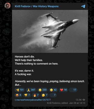 ロシアの電報チャンネルは、クルスク上空でのSu-34の喪失と黒海上でのSu-30の喪失を報告している。パイロットが死亡