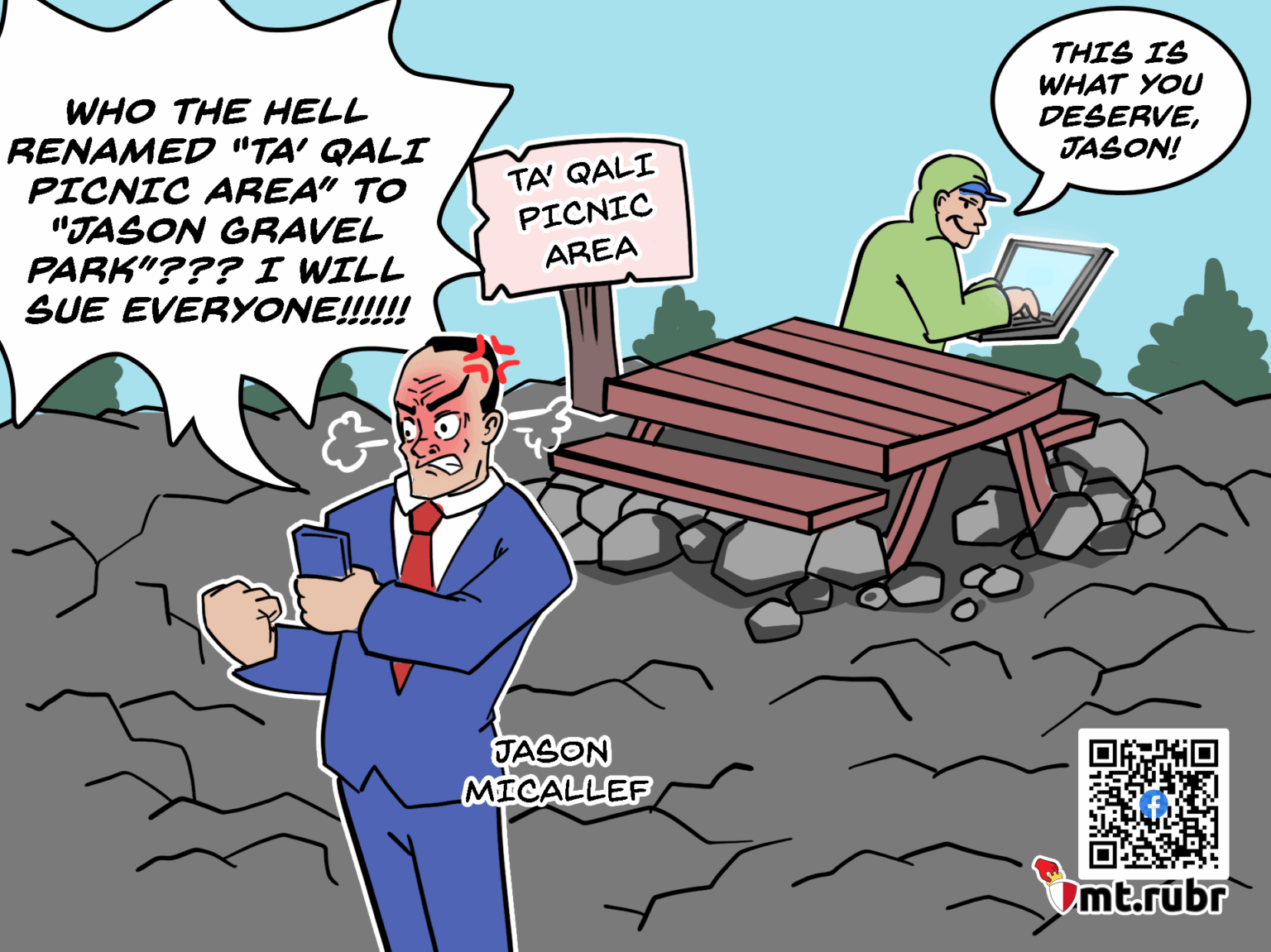 人々はGoogleマップ上でタ・カリのピクニックエリアを、31万1,000ユーロ相当の砂利を敷くよう命じた役人の名前にちなんで「ジェイソン・グラベル・パーク」と改名して嘲笑している。