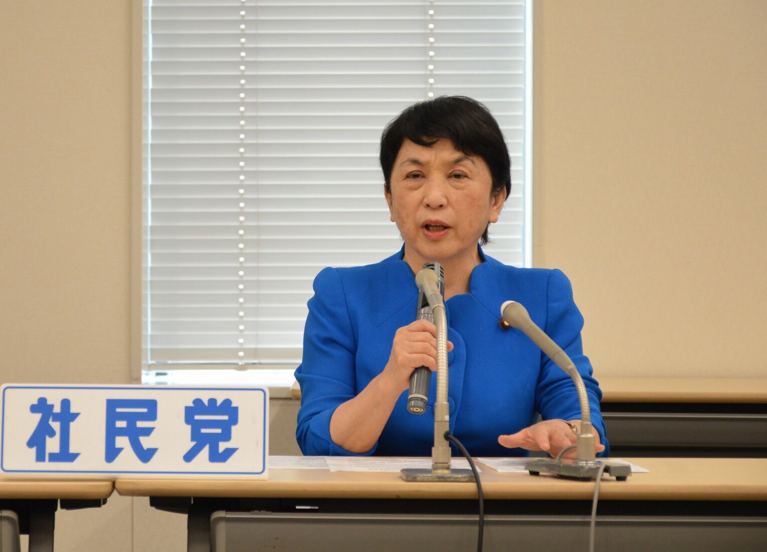 中道改革連合の政策について見解を述べる社民党の福島瑞穂党首=19日、参院議員会館