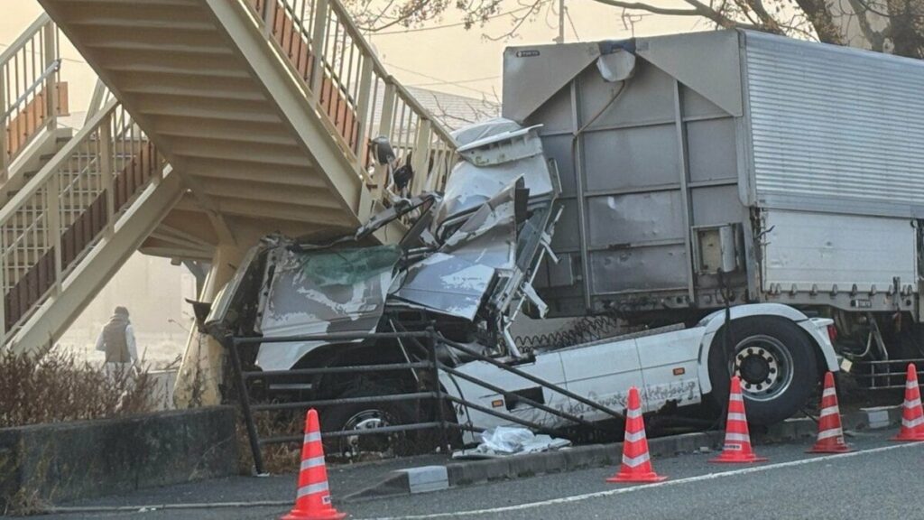 【通行止め】「雷のような音と衝撃」大型トレーラーが歩道橋に衝突し運転手死亡 橋が崩れる可能性もあり車両と共に撤去中 熊本県山鹿市国道3号 - TBS NEWS DIG