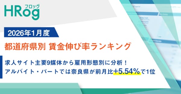 求人サイト主要9媒体から雇用形態別に分析!奈良県が前月比+5.54%で1位【2026年1月度 都道府県別 賃金伸び率ランキング】 求人サイト主要9媒体から雇用形態別に分析!奈良県が前月比+5.54%で1位【2026年1月度 都道府県別 賃金伸び率ランキング】