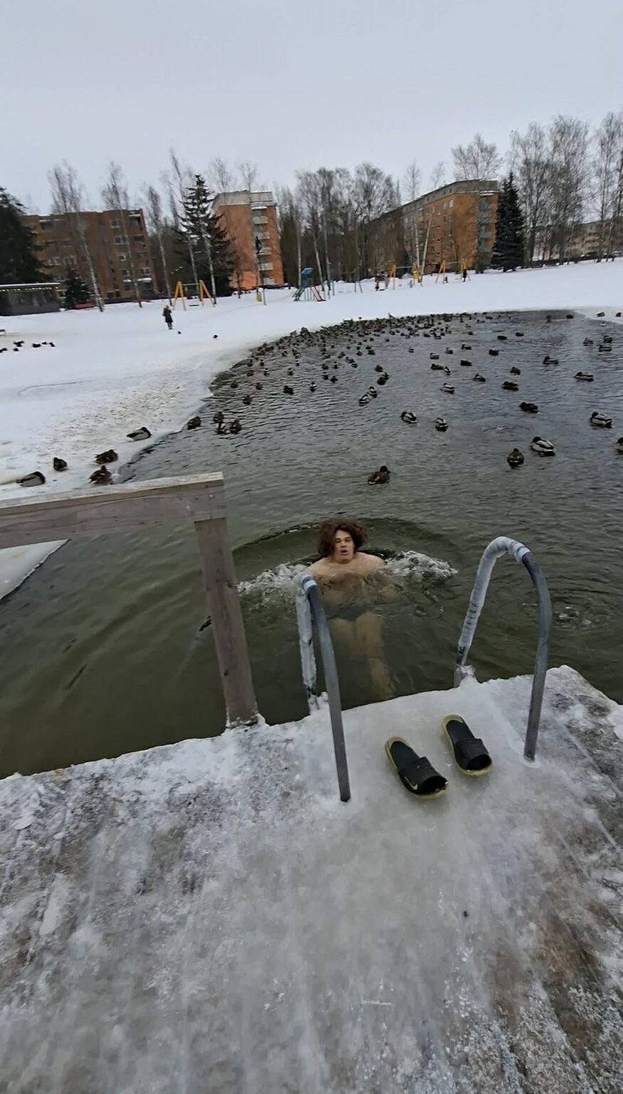 冬に海水浴する人はいますか？今日は暖かい日だったので、アヒルと一緒にアン運河で水浴びをしました:)