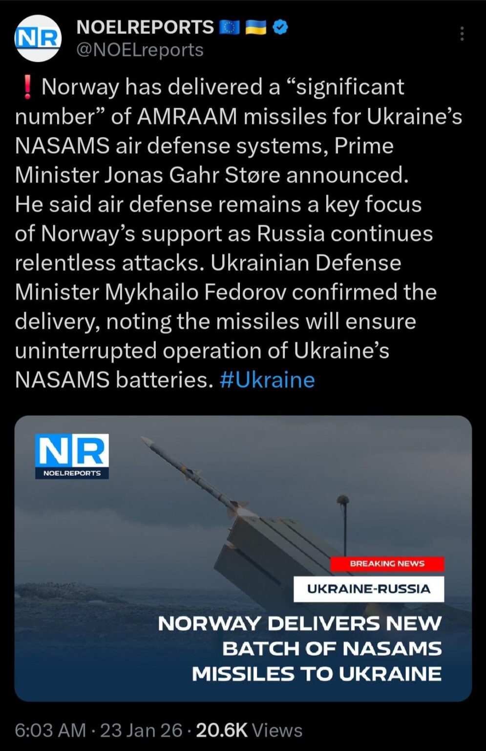 ノルウェーは、ウクライナが最もミサイルを必要としている時期に、新たなAMRAAMミサイルを納入した。