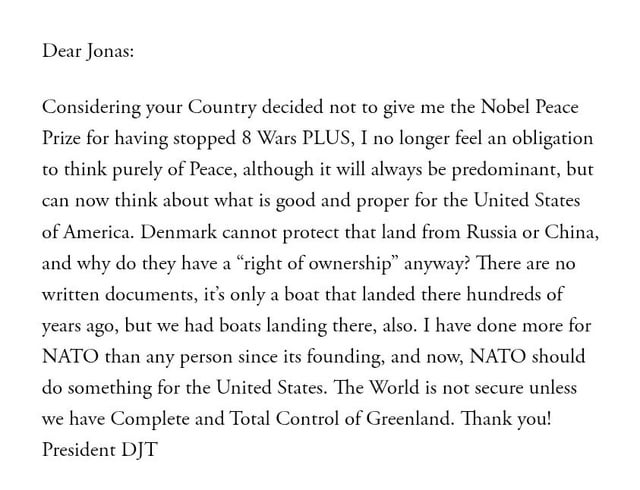 トランプ大統領、ノルウェーにノーベル平和賞を受賞しなかったためグリーンランドを占領しているとの書簡を送った