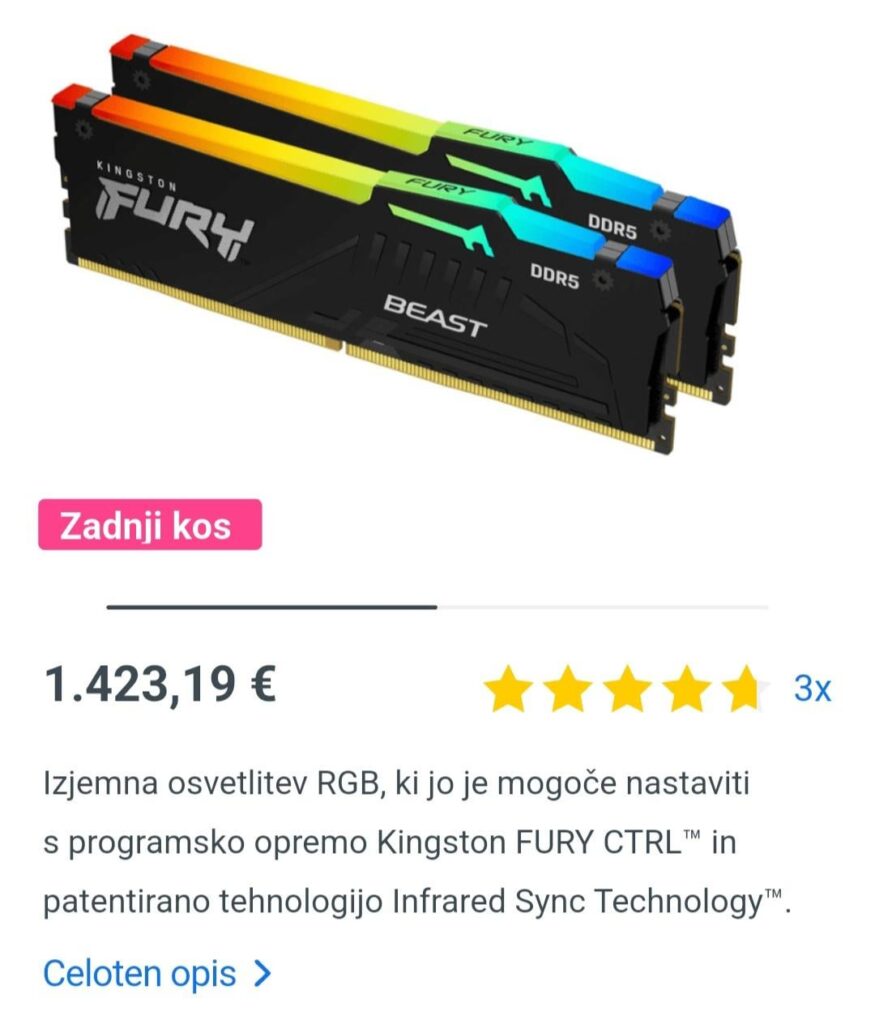 1年間のメモリ（Ram）の価格の上昇。