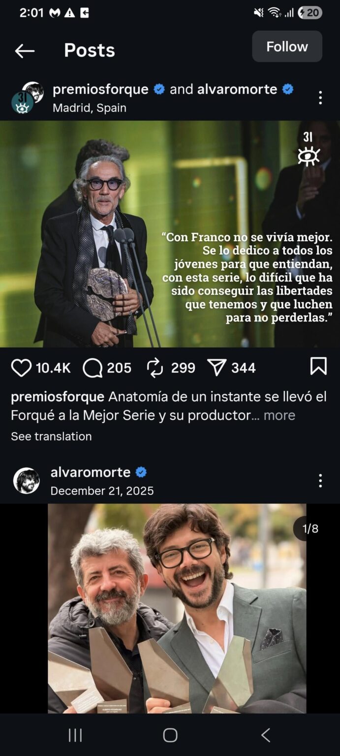 ペーパーハウスの俳優がインスタグラムでこう語った