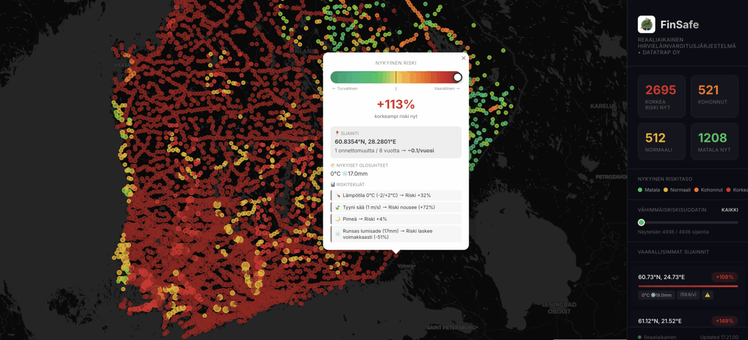 フィンランド初のリアルタイム野生動物衝突リスクマップ - 10分ごとに更新