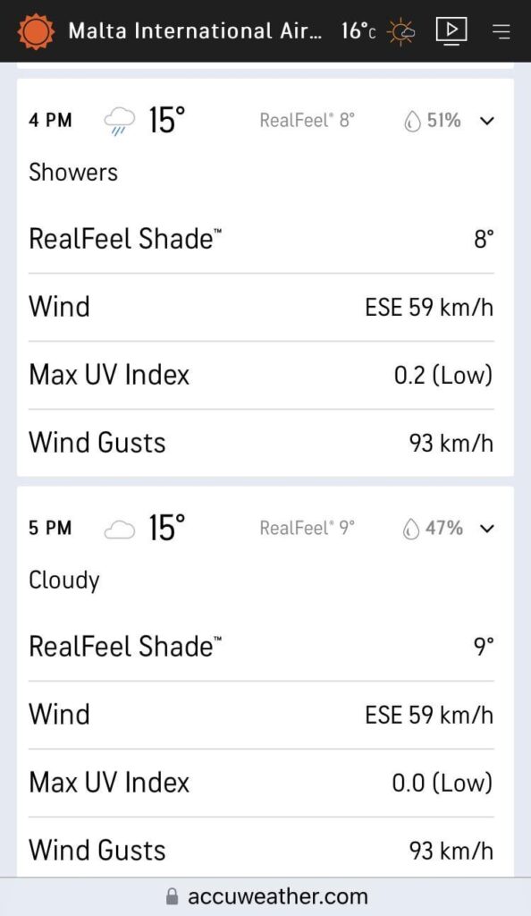 明日はマルタに飛びますが、天気予報では着陸時間までに激しい突風が予想されています。旅行をキャンセルする必要がありますか?