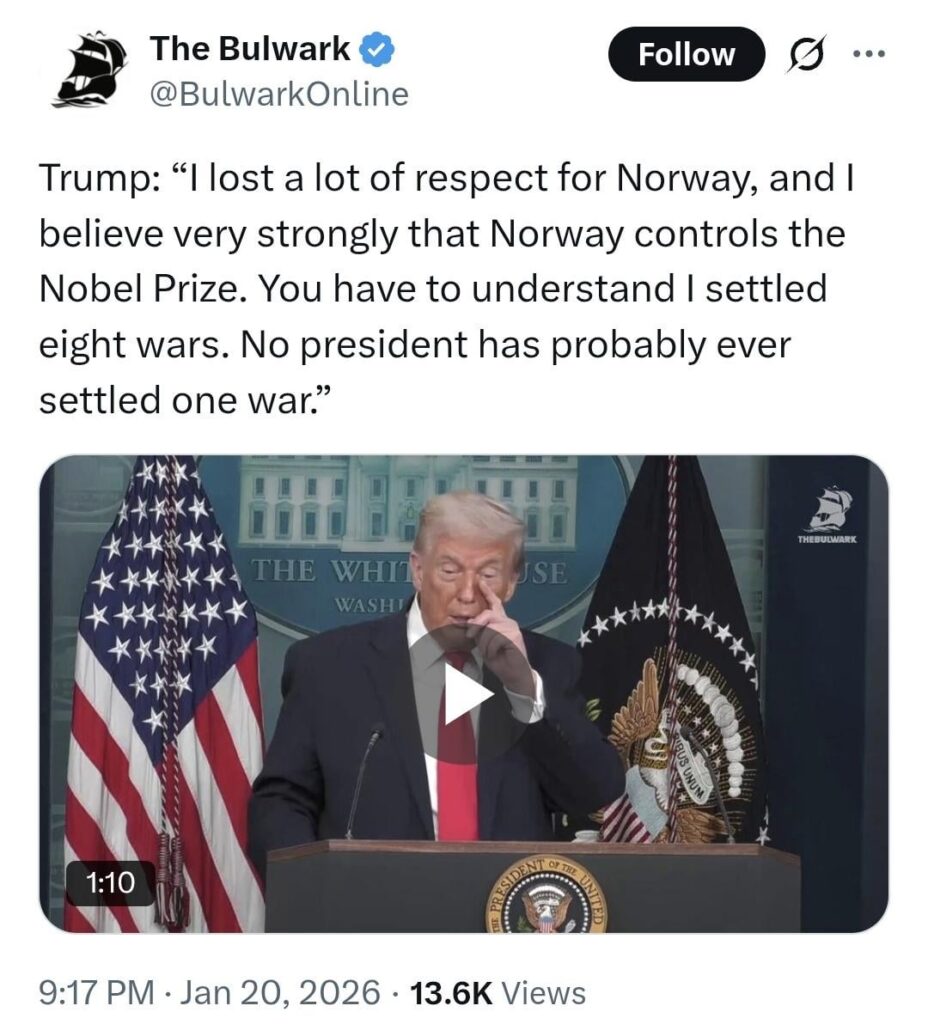 トランプ大統領「私はノルウェーに対する多くの敬意を失った」