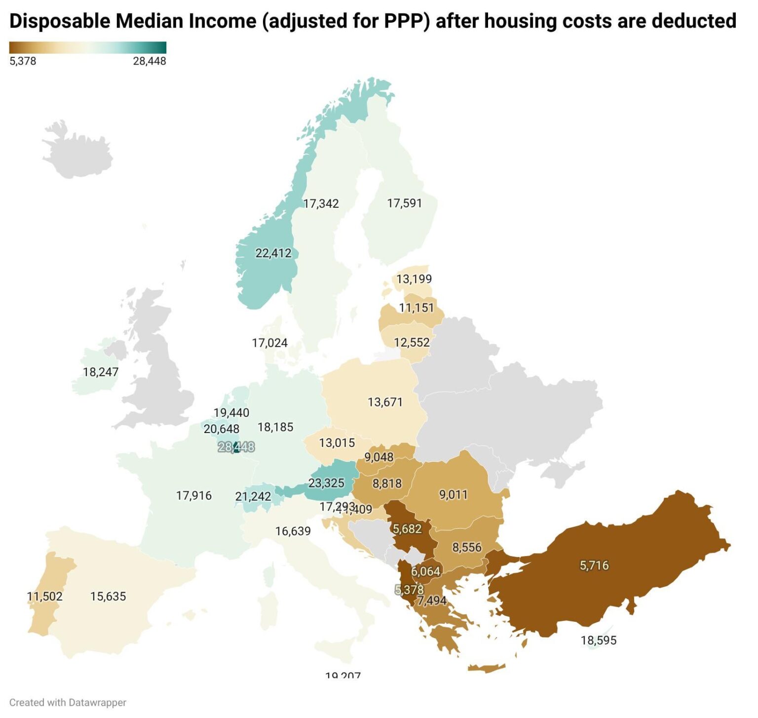 キプロスの可処分所得の中央値（PPP調整後）は、石油資源が豊富なノルウェー以外のすべての北欧諸国よりも高い
