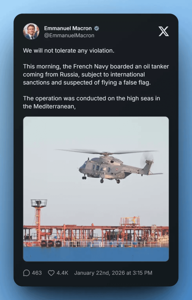 フランス、その実力を示す：地中海でロシアと関係のある石油タンカーを拿捕：「我々は何も見逃さない」
