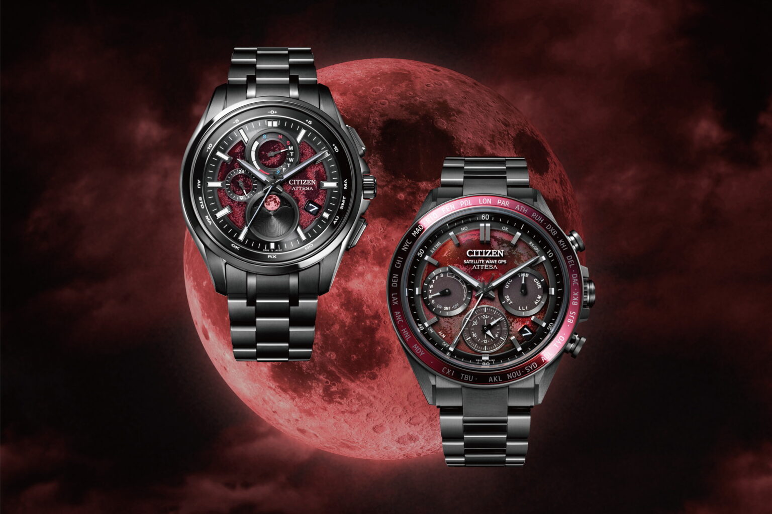 シチズン アテッサ、3月の皆既月食がテーマ“深い赤”2機種 - Impress Watch