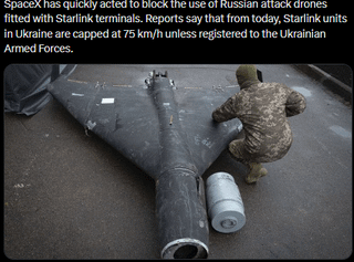 SpaceXとの交渉の結果、SpaceXはStarlink端末の動作が許可される速度を制限し、ドローンでの使用が制限されている。この速度制限は、端末が旅団の公式装備の一部として認可および登録された場合に解除できます。