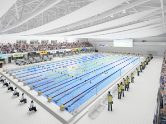 新駅と手柄山平和公園全体のイメージ図（出典：姫路市「現在建設中の手柄山スポーツ施設の名称が「ひめじスーパーアリーナ」に決定しました。また、新しいイメージ図ができましたので公表します。」）