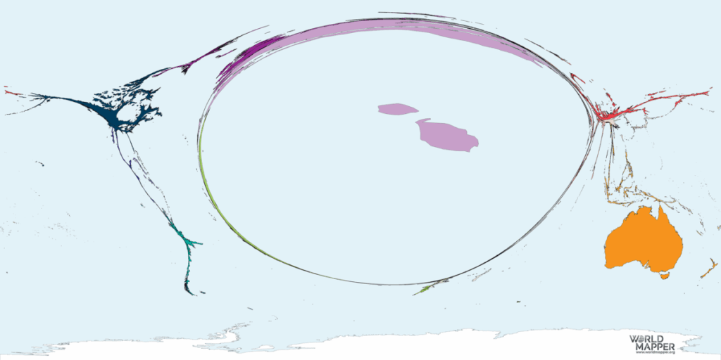 マルタ語を話す人口によって縮尺された世界地図 (2005 年)