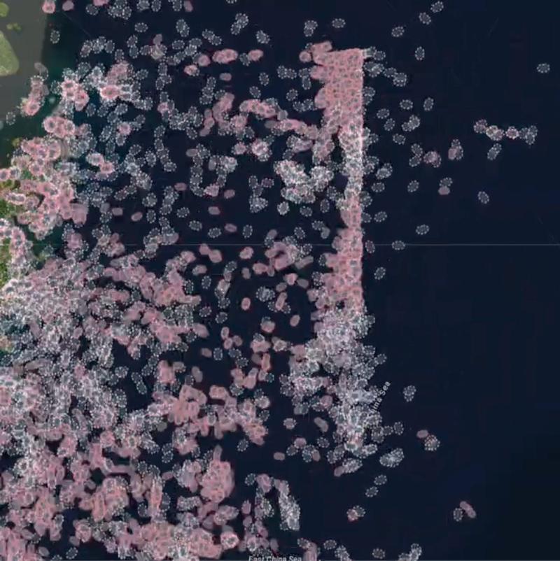 1月初め、東シナ海で漁船が集結して隊列を組む様子が、船舶位置データによって捉えられた。