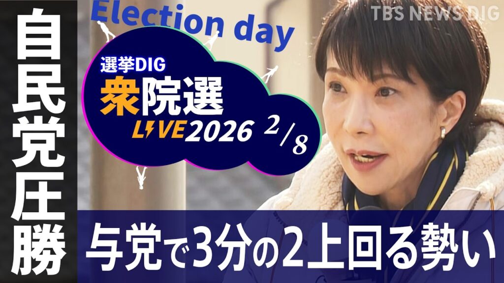 【ライブ】衆議院選挙 開票速報 2026⚡自民党圧勝 与党で3分の2上回る勢い「戦後最短」16日間の選挙戦 結果は?【選挙DIG】(2026年2月8日)|TBS NEWS DIG 【ライブ】衆議院選挙 開票速報 2026⚡自民党圧勝 与党で3分の2上回る勢い「戦後最短」16日間の選挙戦 結果は?【選挙DIG】(2026年2月8日)|TBS NEWS DIG