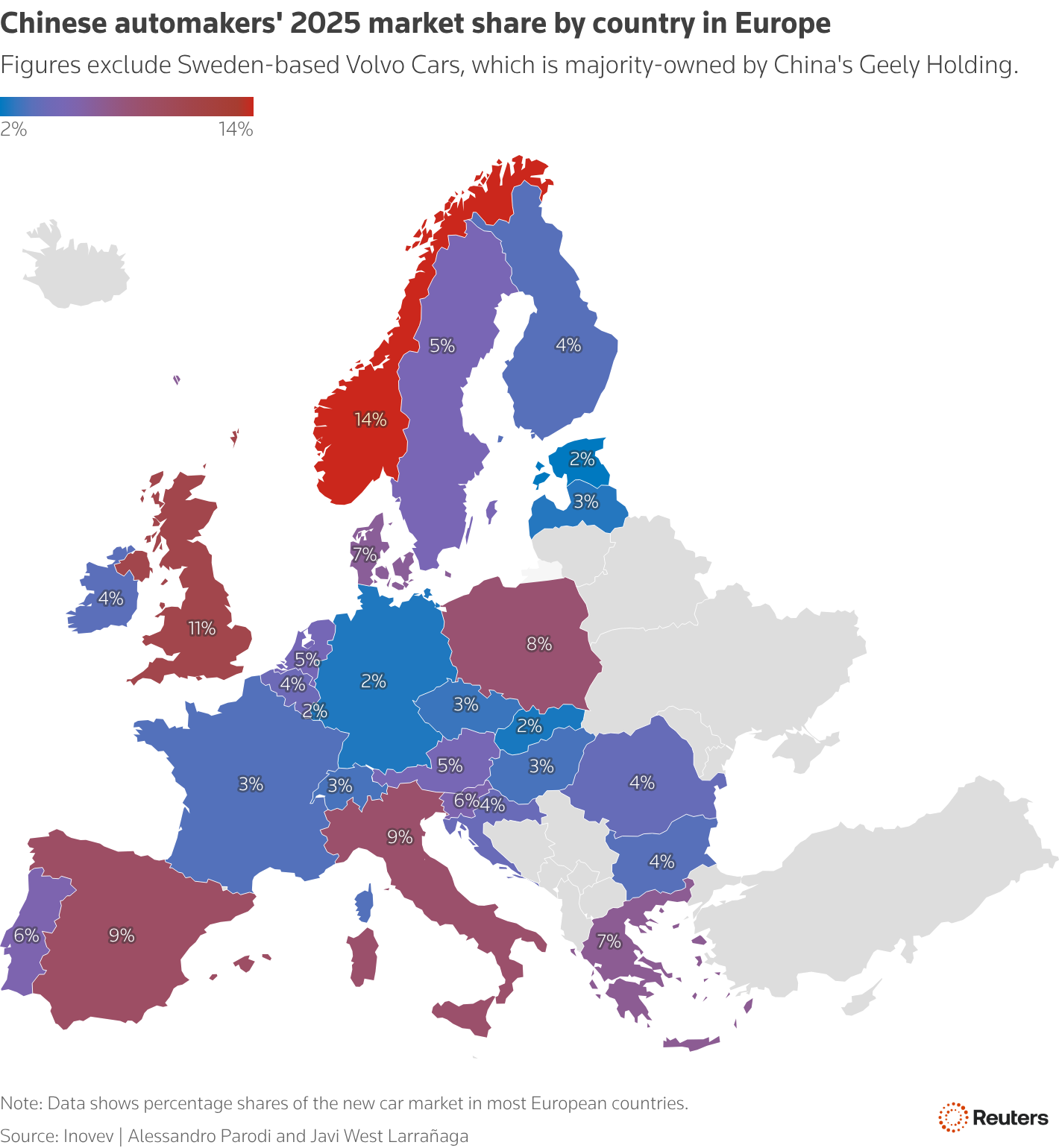 The choropleth map shows the combined market share of Chinese carmakers in European countries in 2025.
