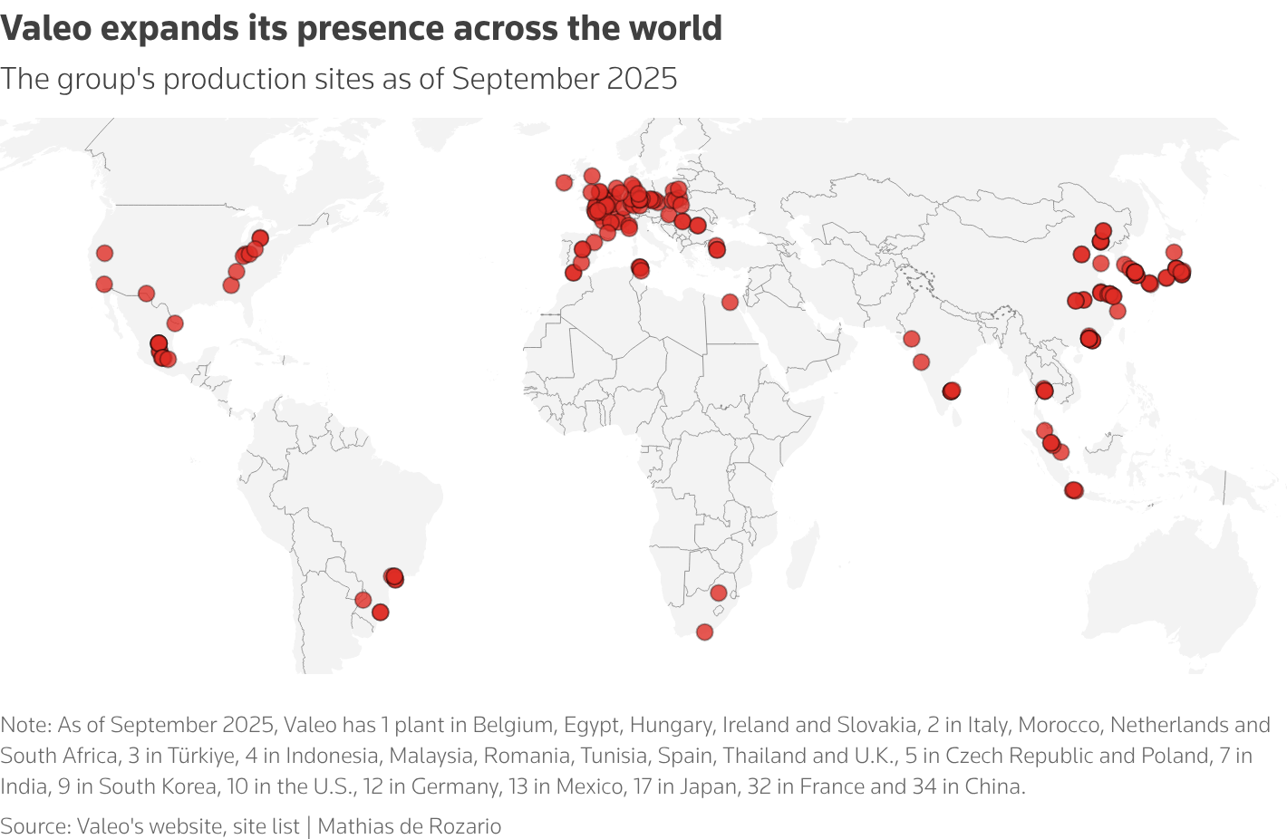 Map showing the location of Valeo's production sites across the world