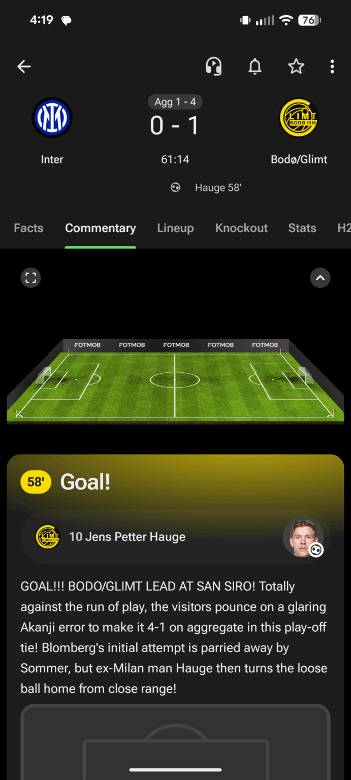 ボードー/グリムトへ行こう！ (スクリーンショット: レグ 2 - チャンピオンズ リーグ ラウンド 32、インテル ミラノとの対戦。