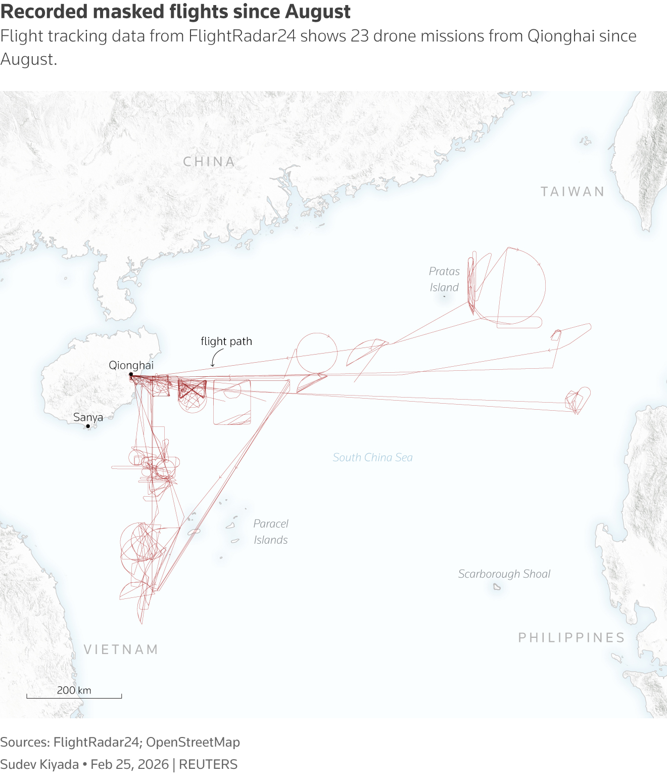 Graphic: A map of the South China Sea shows thin red flight‑path traces from Qionghai, Hainan, extending toward Pratas Island, Scarborough Shoal and areas near Vietnam.