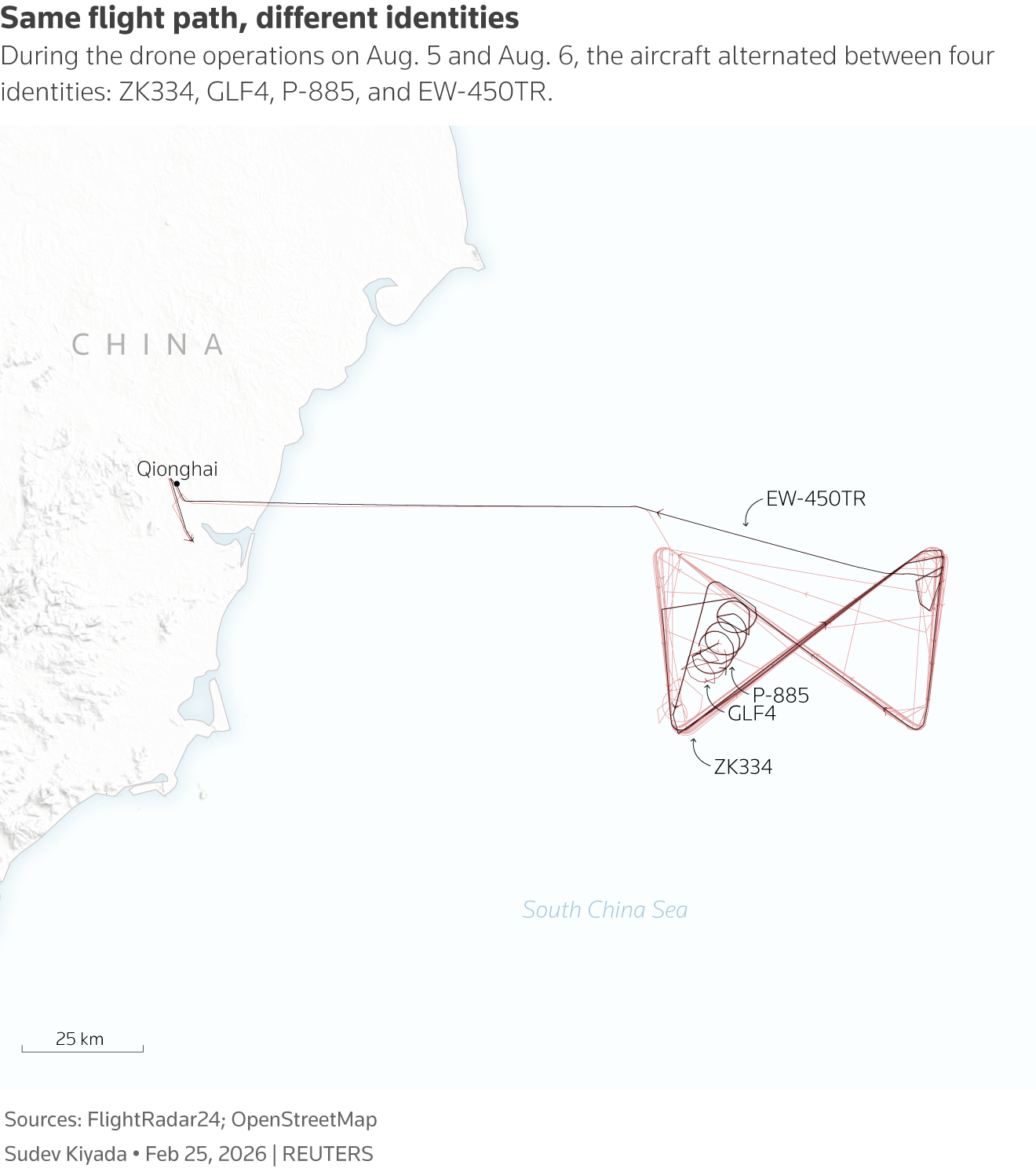 Graphic: A map of China’s southern coast shows red drone flight‑path lines extending from Qionghai over the South China Sea.