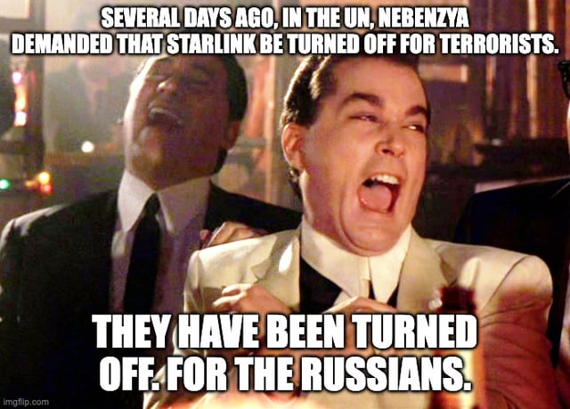 数日前、ネベンジャ氏は国連で、テロリストに対してスターリンクを停止するよう要求した。彼の要求は聞き入れられ、スターリンクはオフになりました。ロシアのテロリストにとっては。実際、彼はISISのことを指していたが、靴が合うなら...