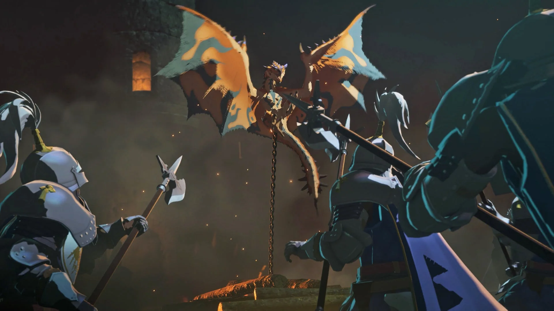 兵士に捕らえられた幼いリオレウスのシーン