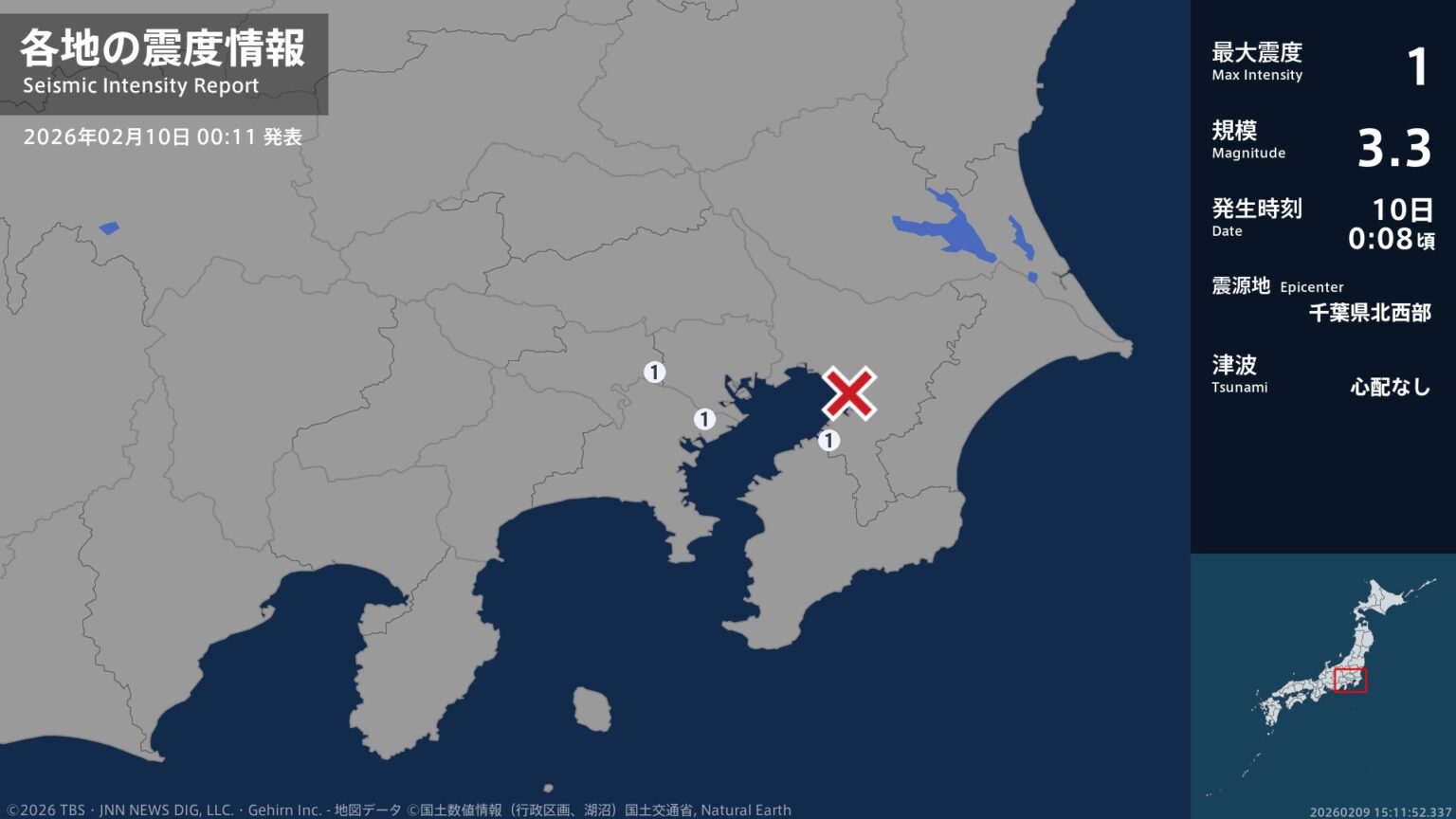 千葉県、東京都、神奈川県で最大震度1の地震　千葉県・市原市、東京都・調布市、神奈川県・川崎川崎区（TBS NEWS DIG Powered by JNN）