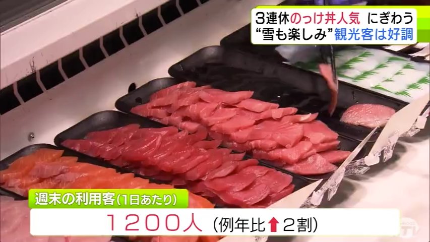 "青森のっけ丼"漁菜センター 大雪による冷え込み心配されるも　観光・週末客は平年比2割増し 3連休賑わう「雪はそんなに関係ない」 観光客は雪も観光の1つとして楽しみに「東京だと（この値段で）このネタの数は乗せられない」（ＡＴＶ青森テレビ） - Yahoo!ニュース