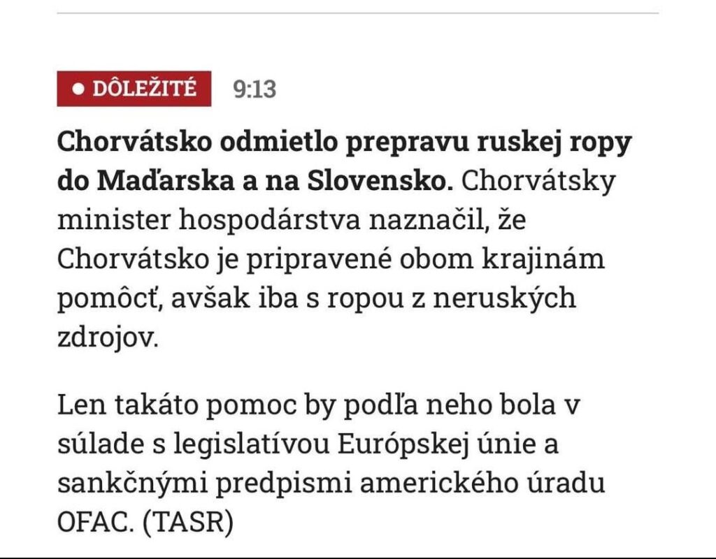 運が悪いです、頑張ってください。クロアチアはロシアの石油をスロバキアに輸送することを拒否した。