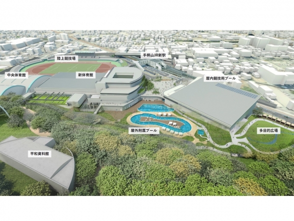 新駅と手柄山平和公園全体のイメージ図（出典：姫路市「現在建設中の手柄山スポーツ施設の名称が「ひめじスーパーアリーナ」に決定しました。また、新しいイメージ図ができましたので公表します。」）
