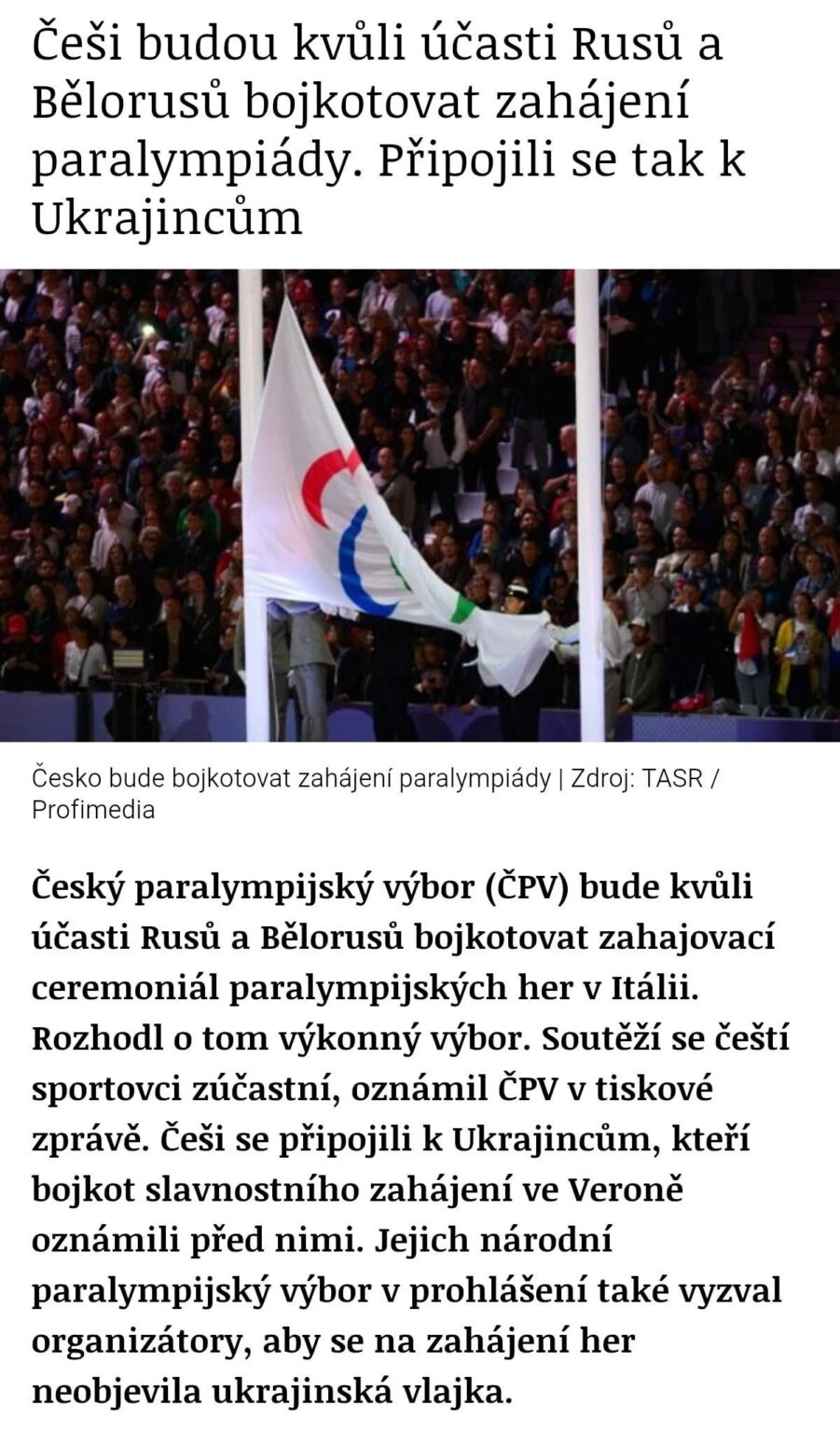 チェコのパラリンピック選手が開幕をボイコットへ