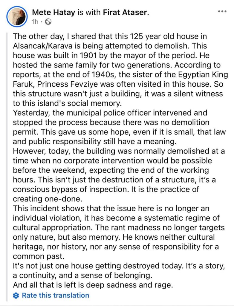 彼らは、1901年に建てられ、当時の優雅な建築の一例であった、占領下のカラヴァにあるパラスケヴァ家の邸宅を恣意的に取り壊した。