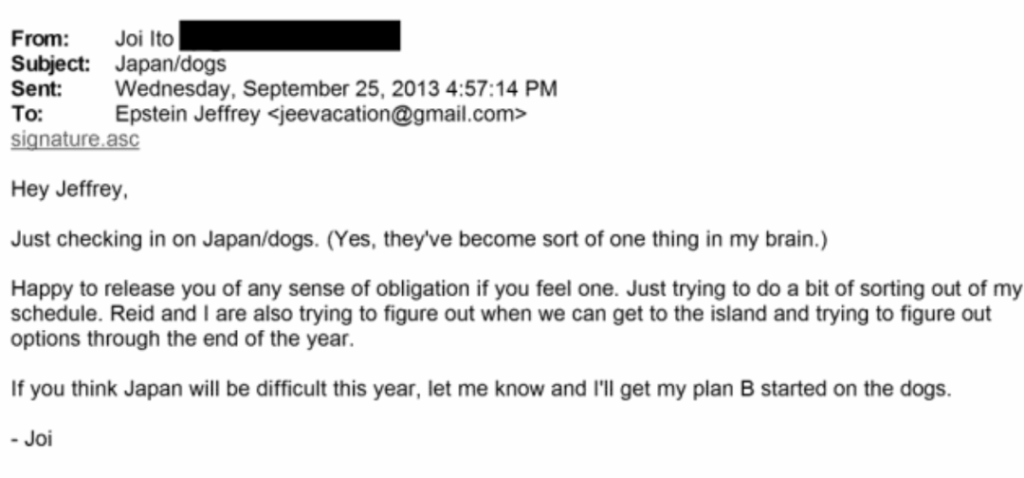 伊藤穰一「Japan/dogs」という意味深なタイトルのメールで犬たちにプランBの発動を考えているとエプスタインに送っていた