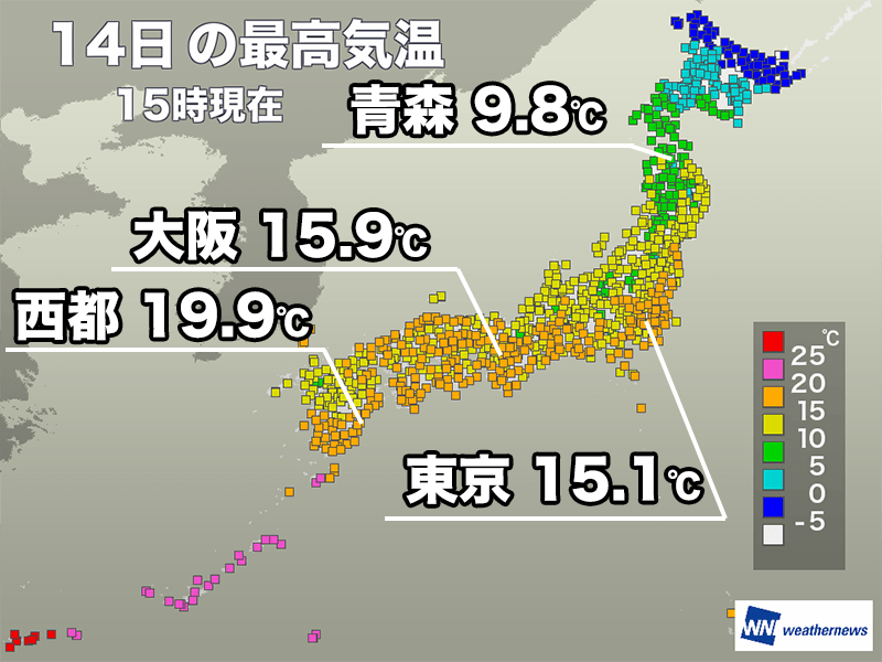 全国的に気温上昇 東京都心は8日ぶり15℃超 明日はさらに暖か