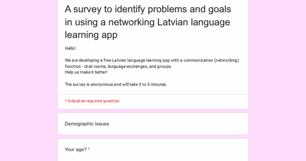 ネットワーキング ラトビア語学習アプリを使用する際の問題点と目標を特定するためのアンケート