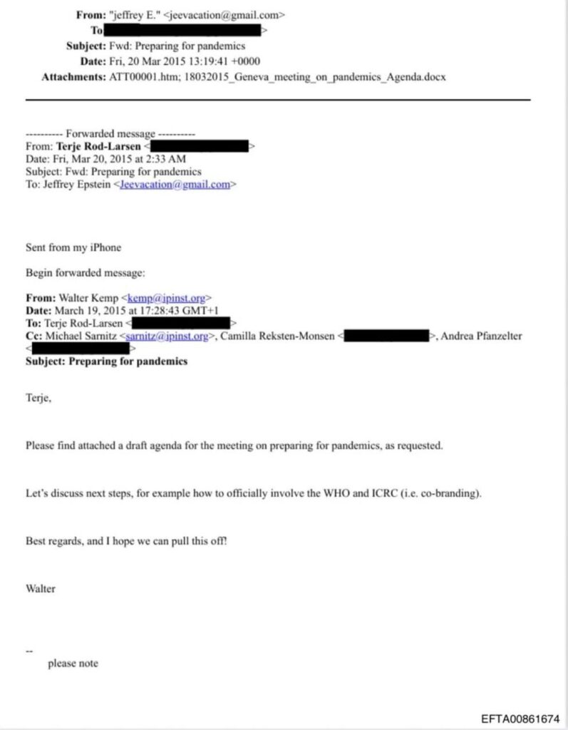 テリエ・ロッド＝ラーセンとジェフリー・エプスタインが「パンデミック」の準備で協力していることを示す電子メール