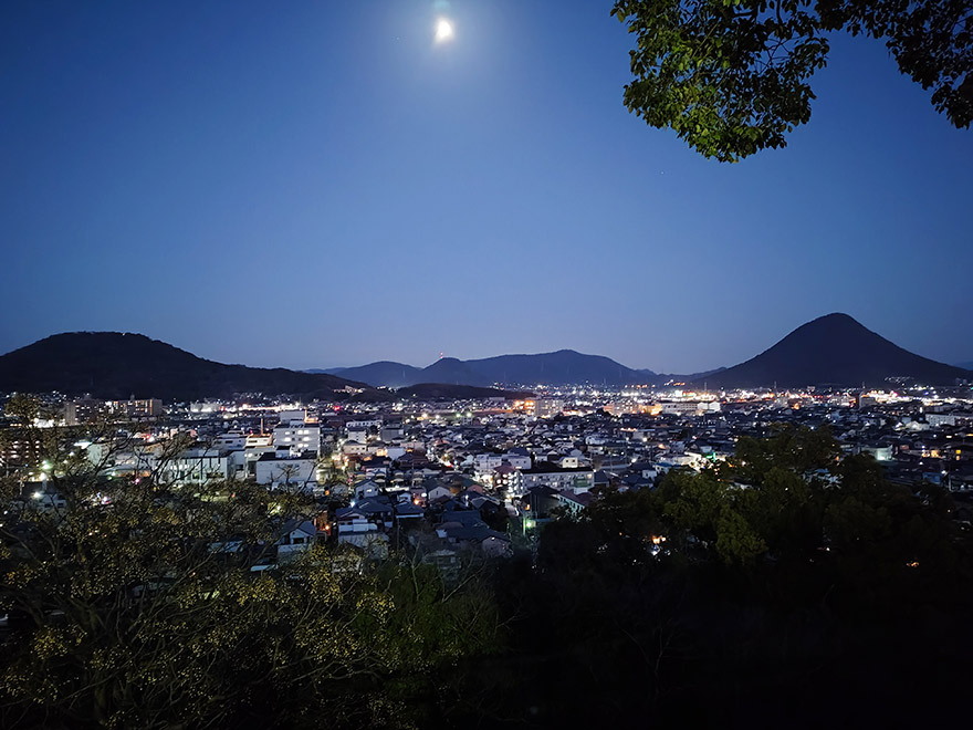 高さ日本一の石垣の上から、丸亀の夜景を静かに見下ろす。
