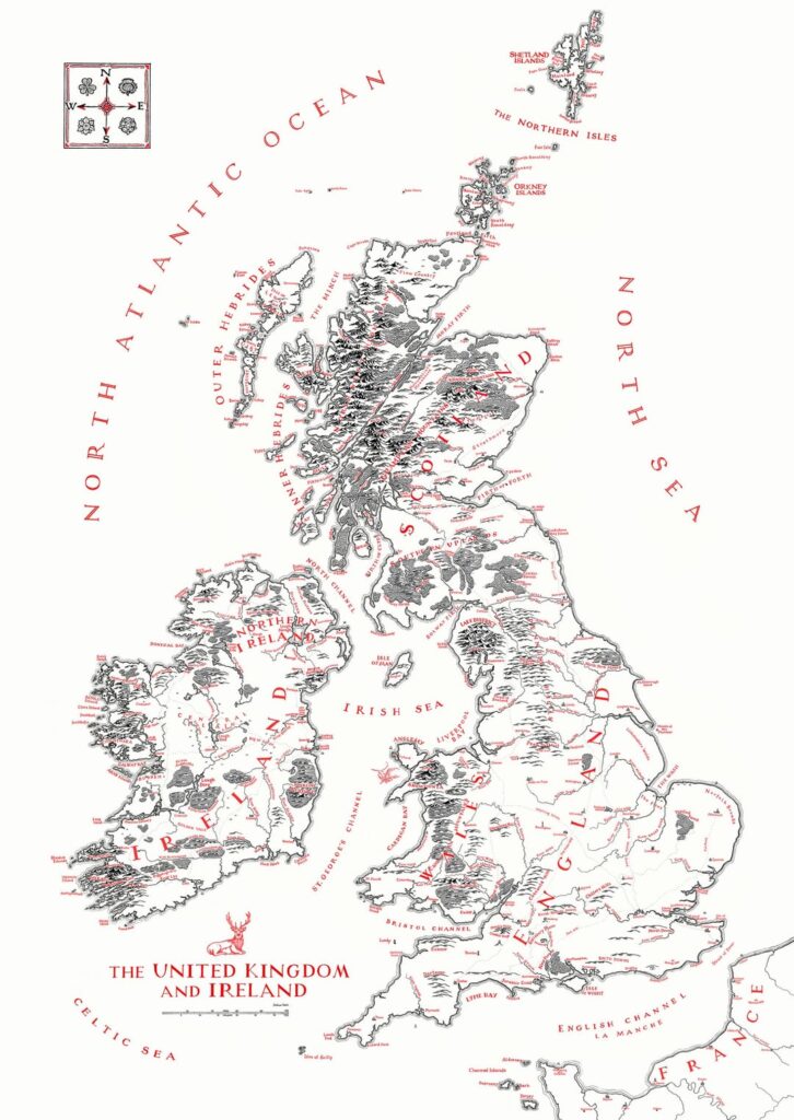 トールキン風につけペンとインクで手描きした、イギリスとアイルランドの地図がついに完成しました。提案があればコメントして、次にどこを描くべきか教えてください。さあ、お茶を飲みながら足を上げましょう。