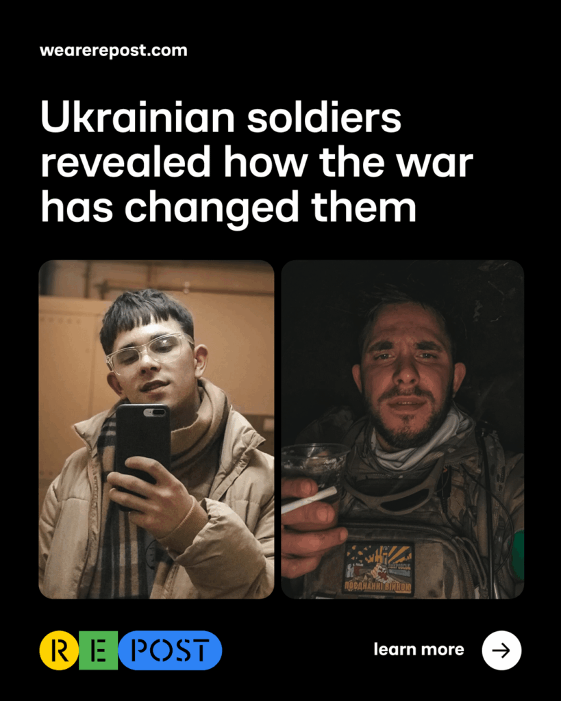 ウクライナの兵士たちは、民間生活での写真と正面からの写真を並べて共有しています