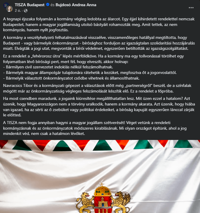 ヴィクトル・オルバン大統領の法令に対するTISZAブダペスト派の反応