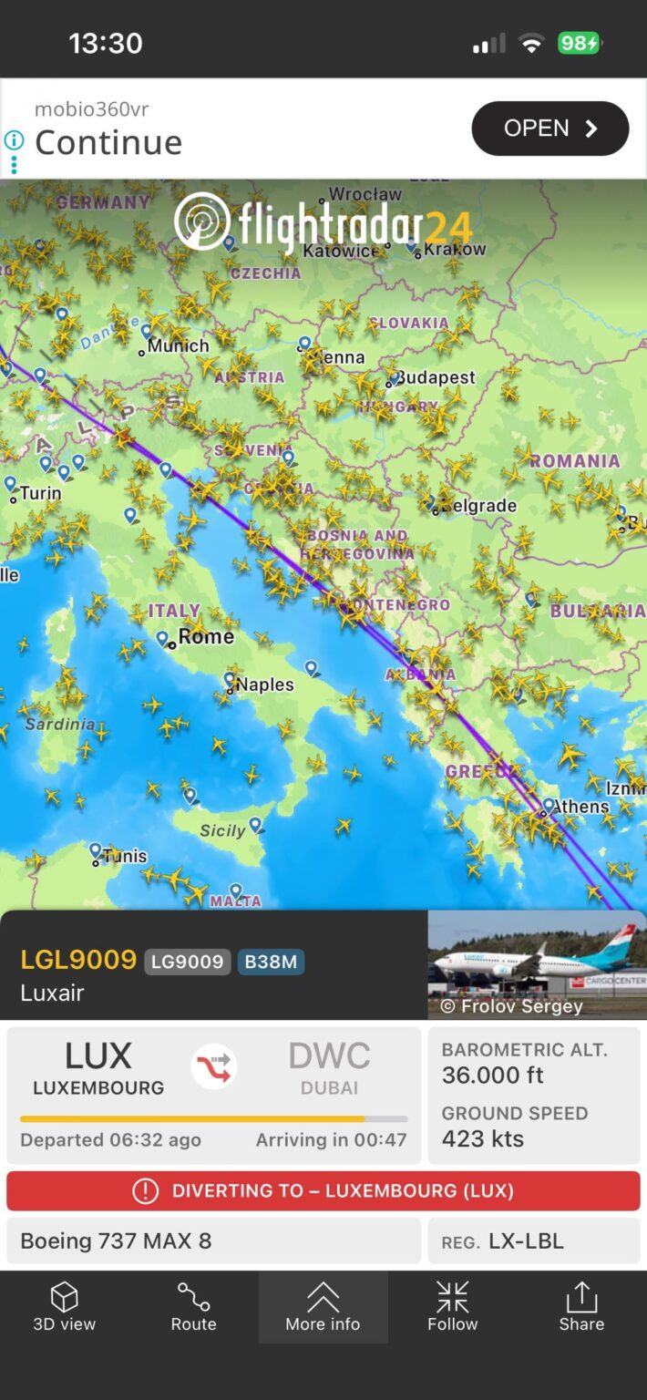 ドバイ行きの LGL9009 便は目的地を変更してルクセンブルクに戻ります